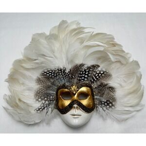Venetian Masquerade Mask White Gold Feathered Wall Decor Carnival Mardi Gras